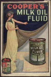 A mid-twentieth century advert, with a woman pulling back a blue curtain to reveal a can of Milk Oil Fluid. The title is Cooper's Milk Oil Fluid. Cooper, McDougall and Robertson were a veterinary firm.