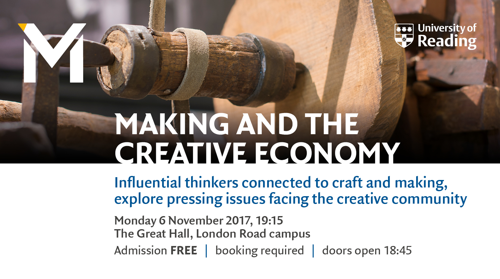 A cover for the Making and the Creative Economy MERL Annual Lecture 2017, set against an image of a detail of a pole lathe.