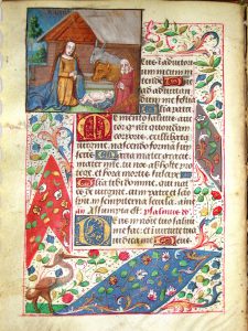 colourfully illustrated page from a medieval manuscript, including a nativity scene in the top left hand corner