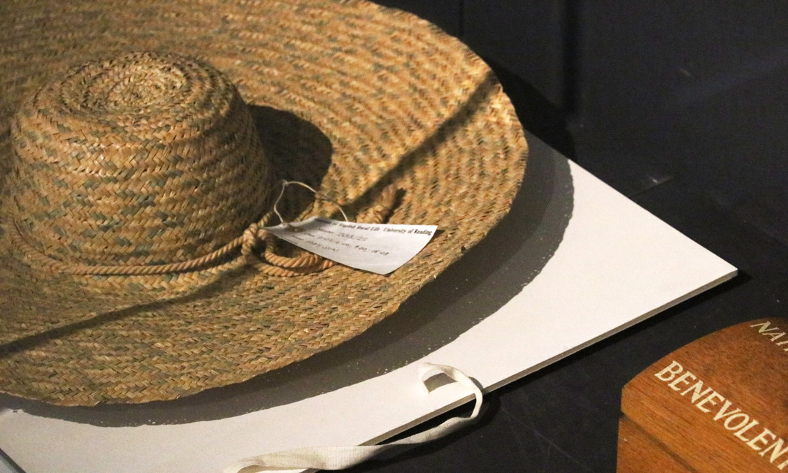 A sun hat takes up the left-hand side of the image, with a small wooden box just visible on the right.