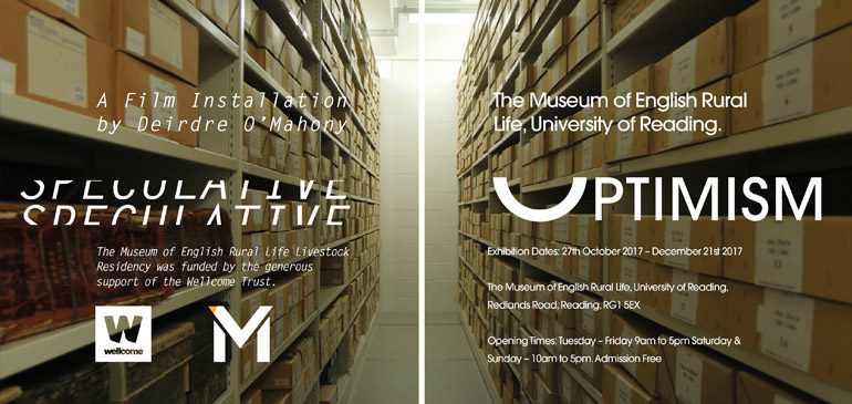 A poster showing the details of the exhibition Speculative Optimism, with an archive corridor in the background.