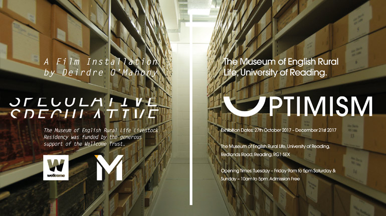 A poster showing the details of the exhibition Speculative Optimism, with an archive corridor in the background.