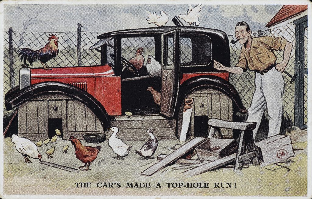 A watercolour painting of a mid-twentieth century car converted into a chicken coop, with a man smoking a pipe doing a thumbs-up next to it. The caption reads: 'The car's made a top-hole run!'