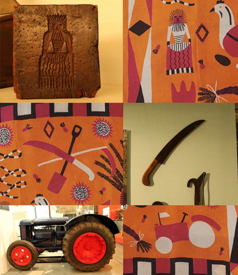 An image of a woman carved into a woman block, a saw and a tractor. Next to each image is an image of them represented in Caitlin Hinshelwood's scarf.