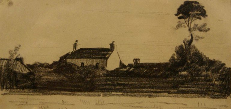 A charcoal drawing of a house and a lone Scots Pine.