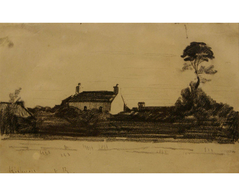 A charcoal drawing of a house and a lone Scots Pine.