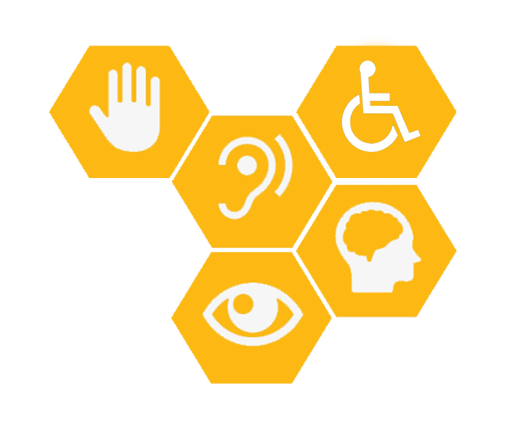 Four yellow hexagons with a symbol for a different type of accessibility within them. One has a hand, another an ear, another an eye and another a head with a brain inside. They represent touching impairment, hearing impairment, sight impairment and mental impairment.