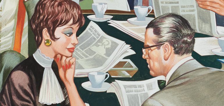 Women - ladybird in focus exhibition. Image shows woman on left speaking to a man on the right.