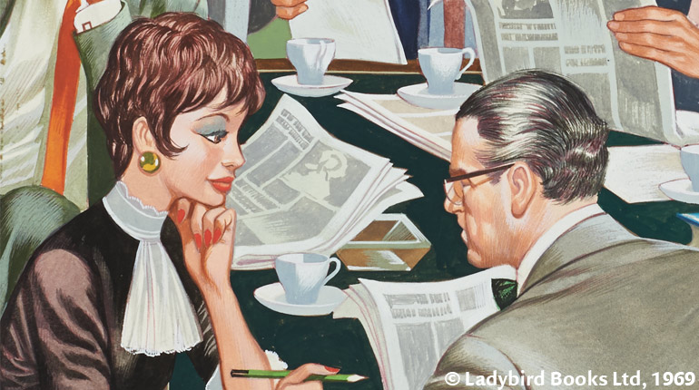 Women - ladybird in focus exhibition. Image shows woman on left speaking to a man on the right.