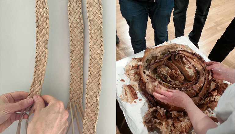 An image of two hands making a corn dolly, and two hands touching a large cinammon bun, for the MERL Seminar Wheat and Rush, Weave and Ritual with Catherine Morland and Amanda Couch
