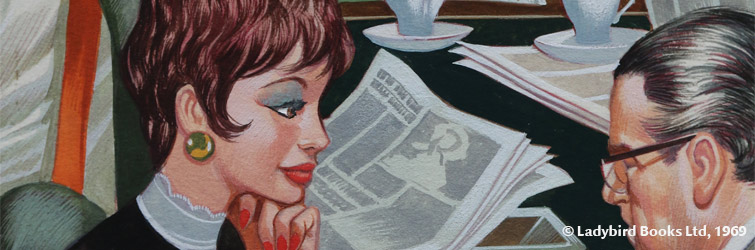 An illustration of a woman looking at a man, as part of an editorial meeting, for the Ladybird Women exhibition