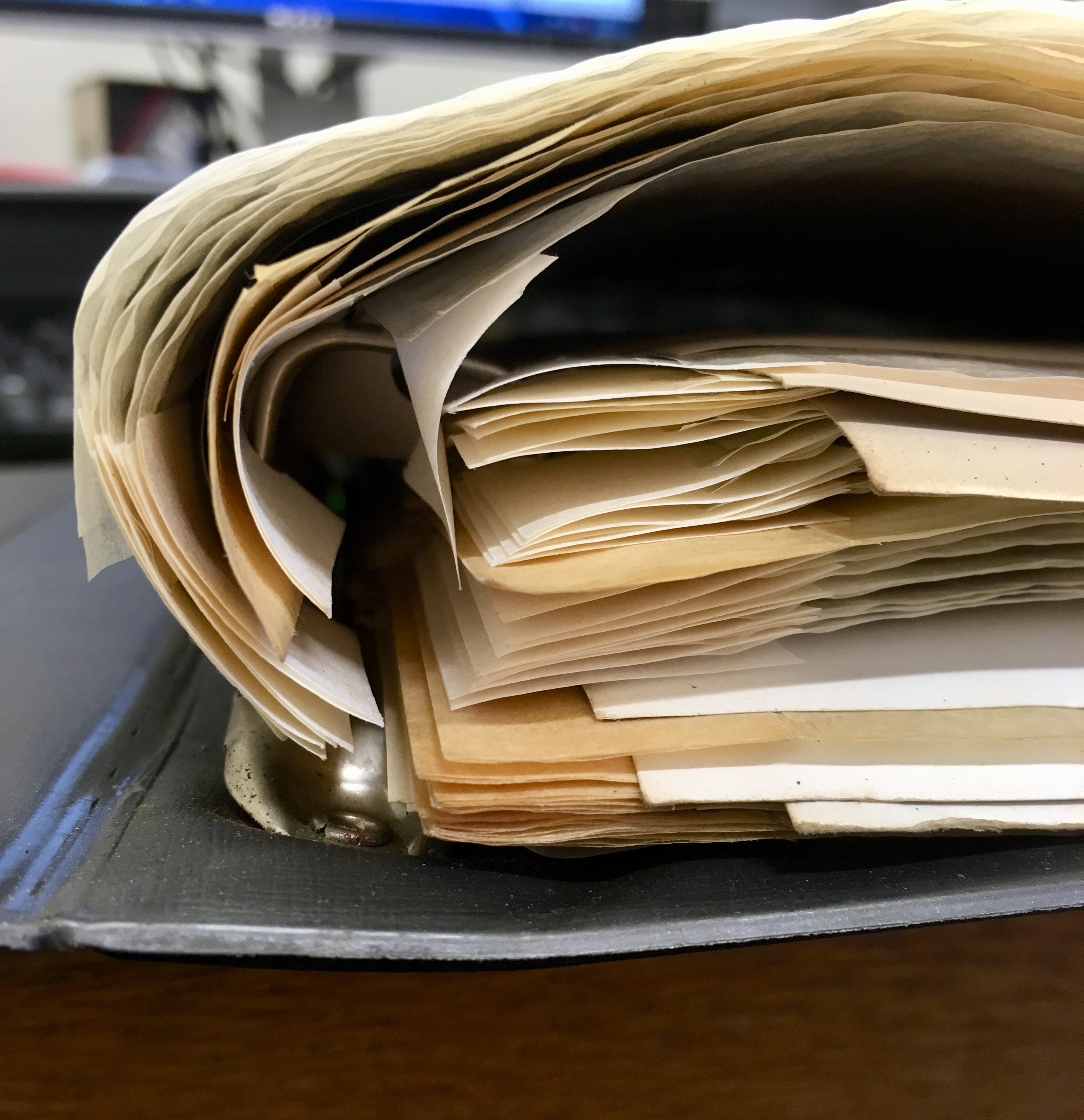 Close-up photo of photographic negatives and prints twisted in an old ring-binder