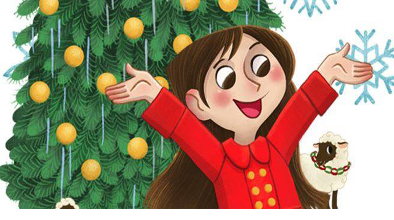Cartoon of a happy girl in a red coat in front of a Christmas tree