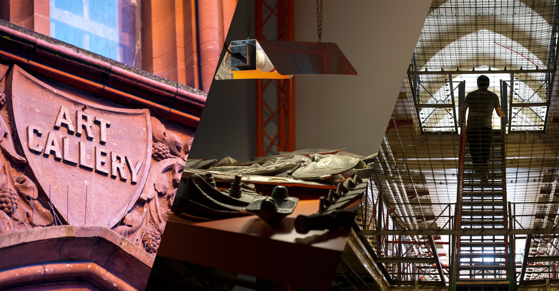 A terracotta carving stating 'Art Gallery' on a shield on the outside of Reading Museum, a photo of an array of masks illuminated by a light from above, and a photo of a man descending some stairs in Reading Gaol.