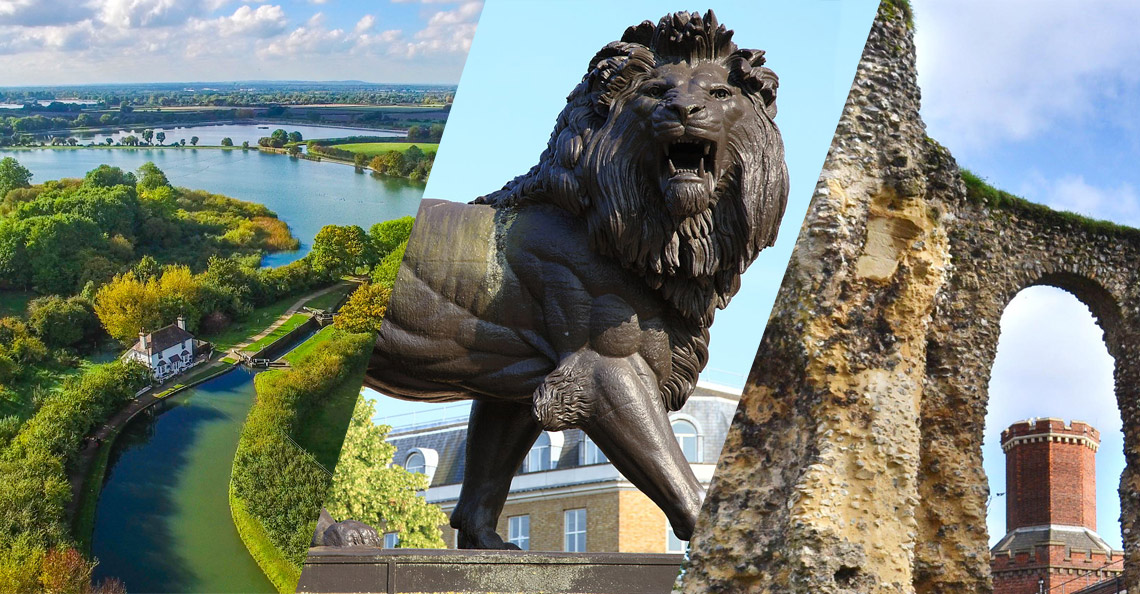 A photograph of a river winding through a green landscape, a lion sculpture and the Reading Abbey Ruins.