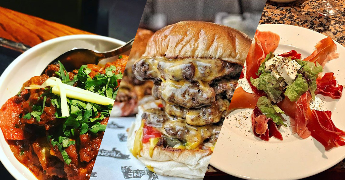 A photograph of a curry dish, a burger and an Italian antipasti dish.