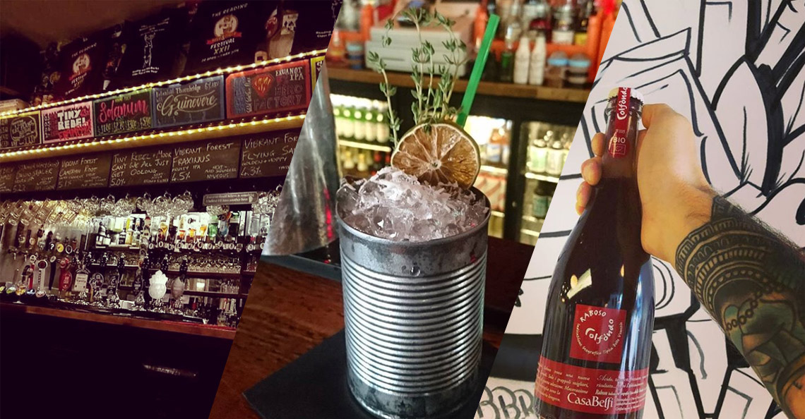 A photograph of a bar front, a cocktail in a tin and a man holding a wine bottle.