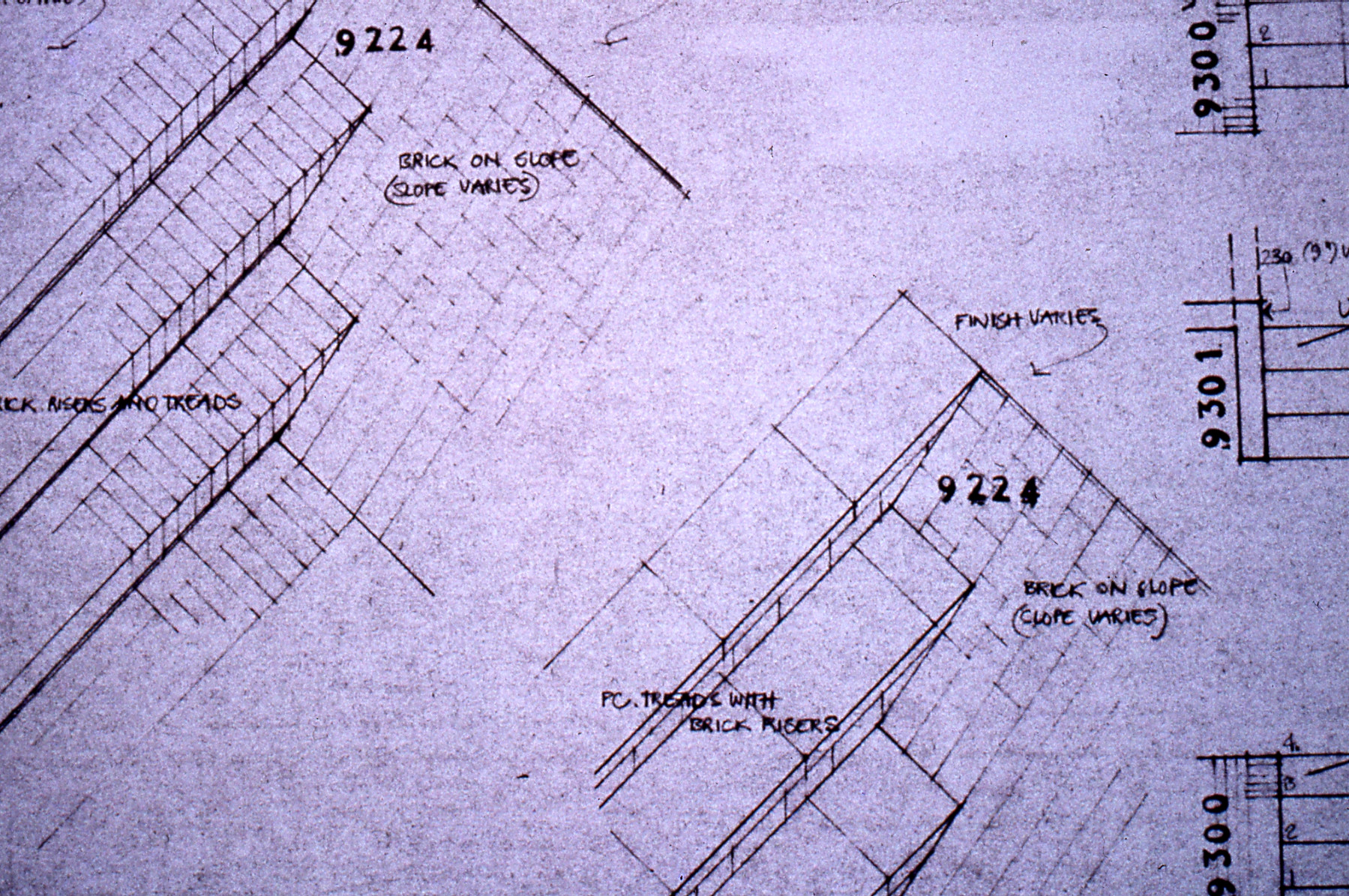 Axonometric and plan drawings of step designs for the Brunel Estate, around 1972