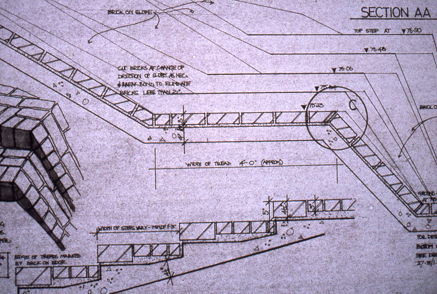 Cross section drawing of a flight of steps for the Brunel Estate, around 1972