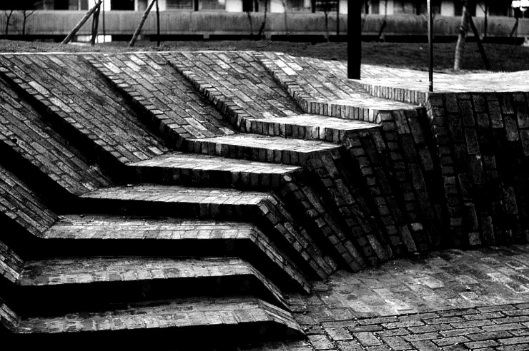 Close up of curving flight of brick steps at Brunel Estate in 1974