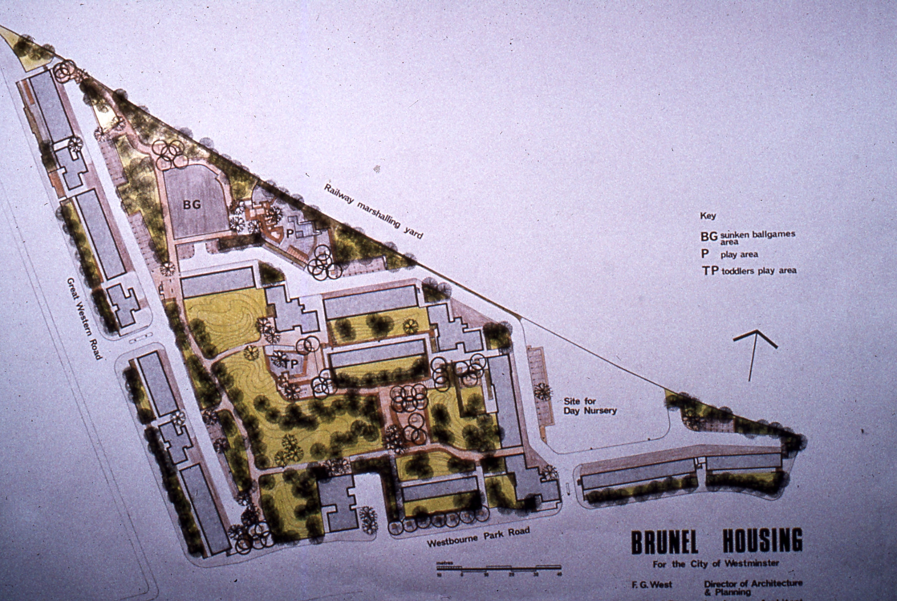Plan drawing of the Brunel Estate showing location of trees and buildings