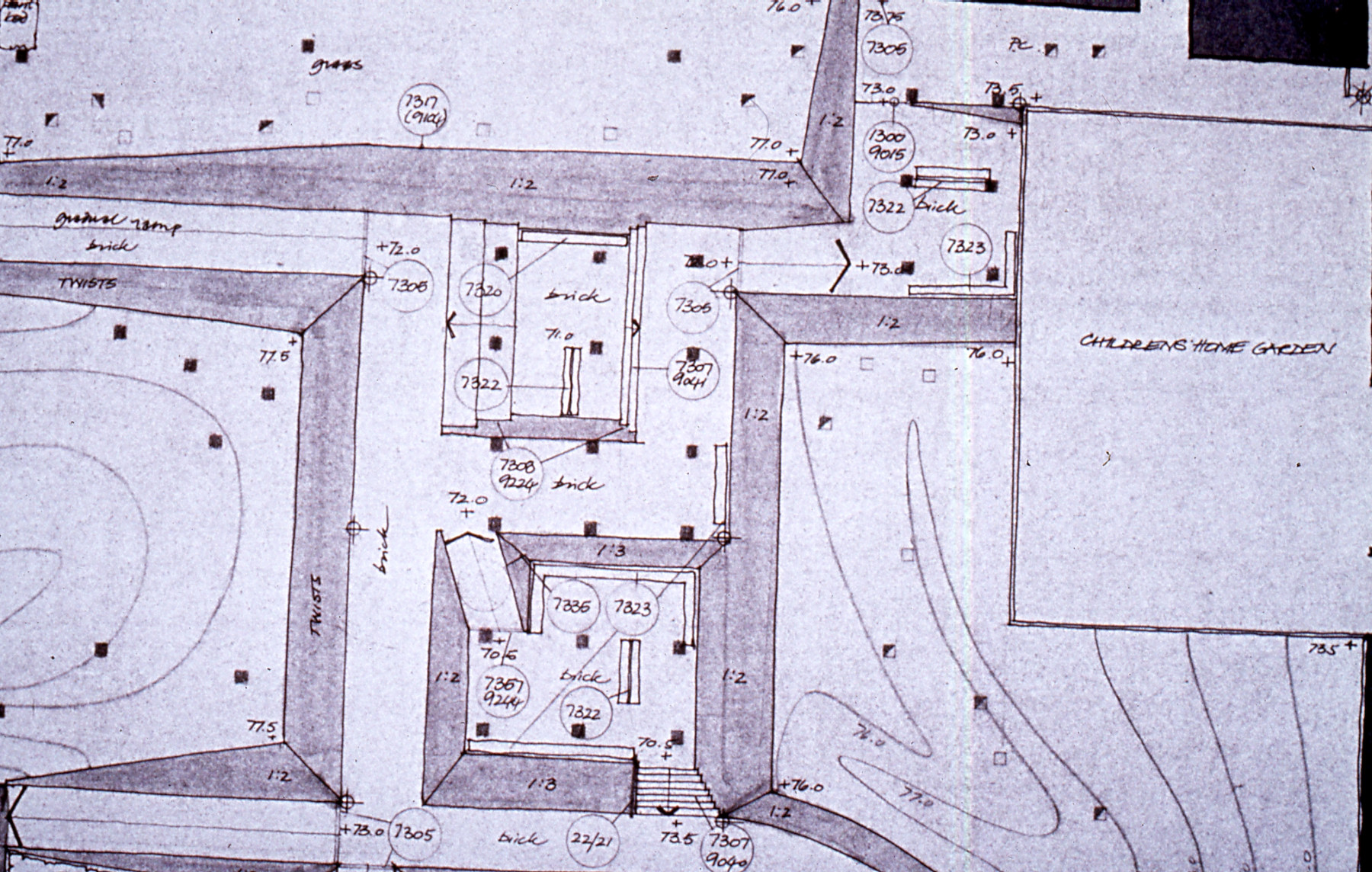 Hand drawn plan of an area of the Brunel Estate, around 1972