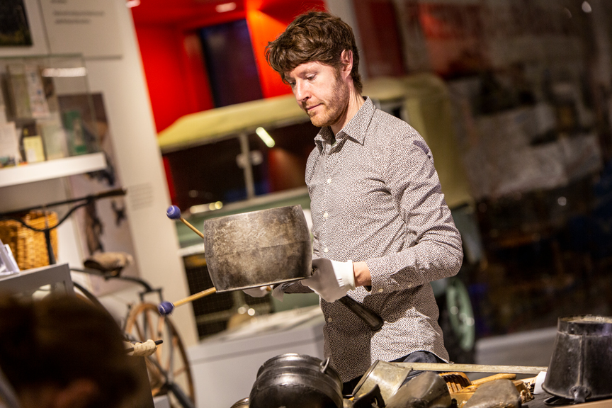 Pete Flood trying out rough music with museum objects