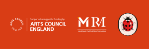 Arts Council England logo, Museums Partnership Reading logo and Ladybird Books logo on an orange background