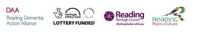 Dementia Action Alliance logo, Heritage Lottery Fund logo, Reading Borough Council logo and Reading Place of Culture logo