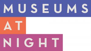 Museums at Night logo. Museums written in white capitals on a blue background, at on a orange background and night on a pink background, one on top of the other