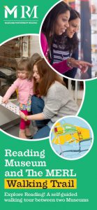 Front cover of the new Reading Museum and the MERL walking trail with pictures of people in both museums and a small cut-out of part of the map against a green background