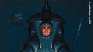 Artwork from 'Underwater Explorations' copyright Ladybird Books Ltd 1967 showing a man's face inside a dark blue diving suit on a dark blue background with a shark barely visible in the background