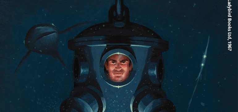 Artwork from 'Underwater Explorations' copyright Ladybird Books Ltd 1967 showing a man's face inside a dark blue diving suit on a dark blue background with a shark barely visible in the background