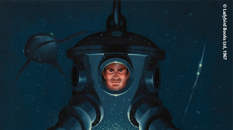Artwork from 'Underwater Explorations' copyright Ladybird Books Ltd 1967 showing a man's face inside a dark blue diving suit on a dark blue background with a shark barely visible in the background