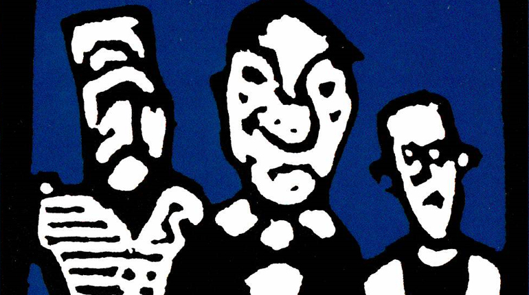 Three mens faces drawn in thick black lines and white with blue background