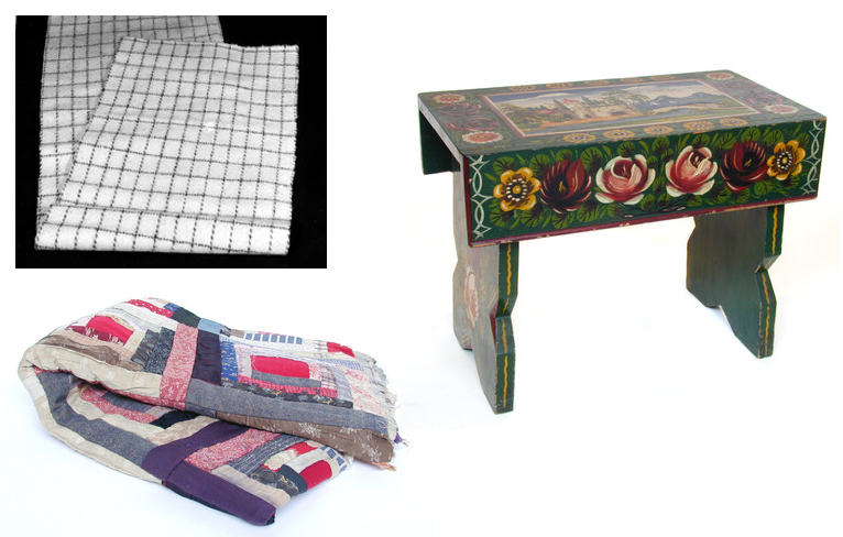 blanket, patchwork quilt and stool for picnics