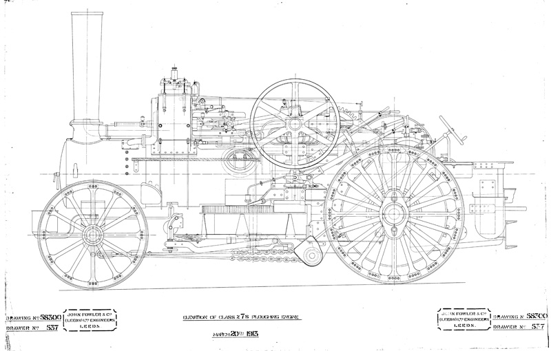 Black and white to-scale line drawing of a Fowler ploughing steam engine.