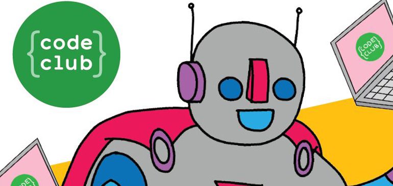 Code club logo and robot cartoon
