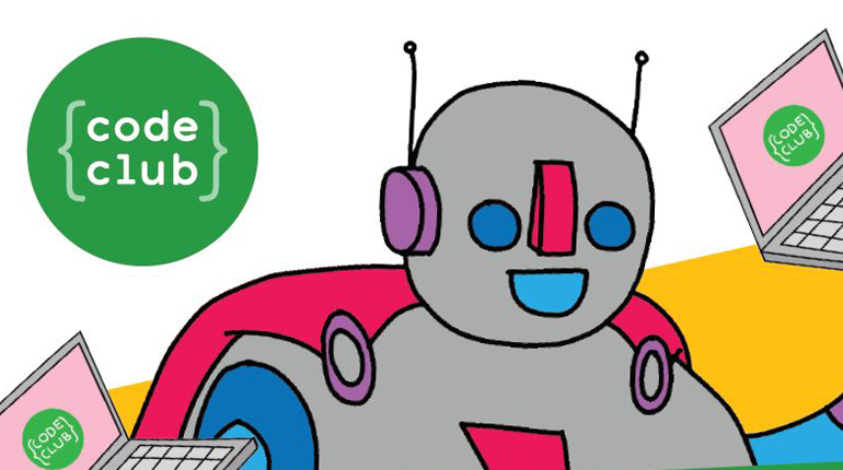 Code club logo and robot cartoon