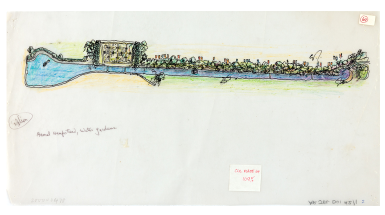 Hand drawing of a map of the hampstead heath water garden for the Jellicoe seminar at the MERL