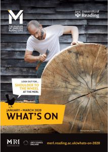 Front cover of the MERL what's on guide Jan to March 2020 feature Shoulder to the wheel image of a craftsperson using an axe to shape wood into a wheel