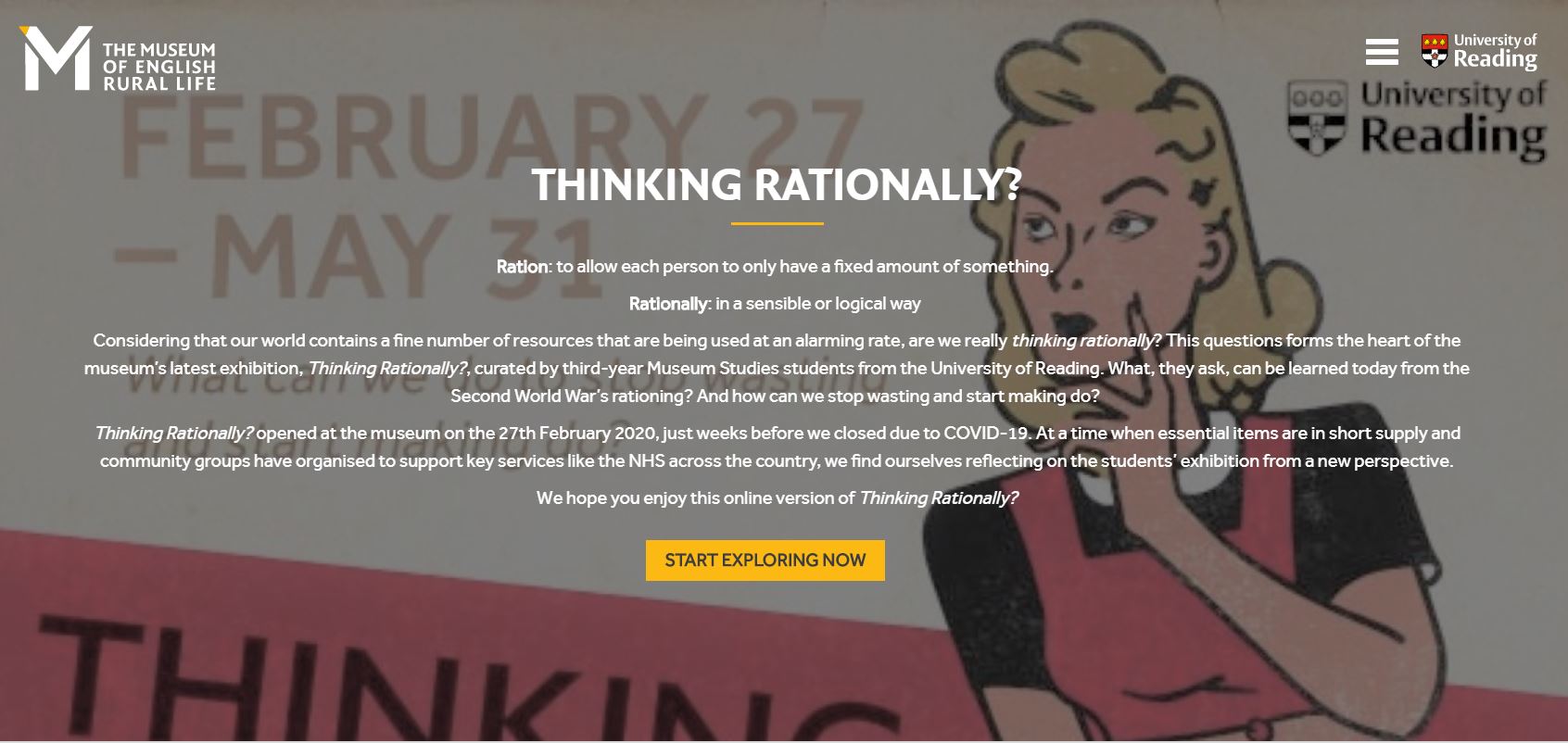 First page of the Thinking Rationally online exhibition at the MERL with descriptive text over a picture of a woman dressed in 1940s style