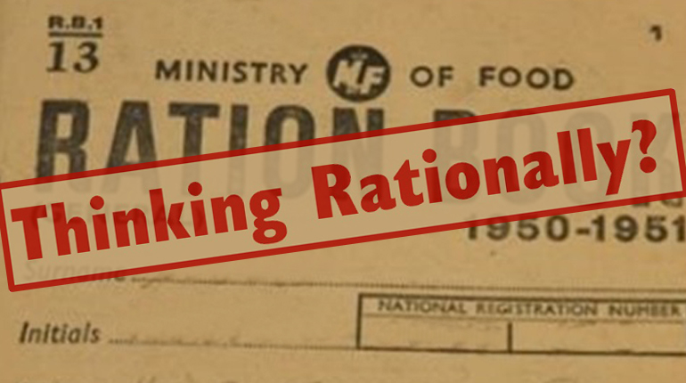Thinking Rationally in red text stamped over a ration book
