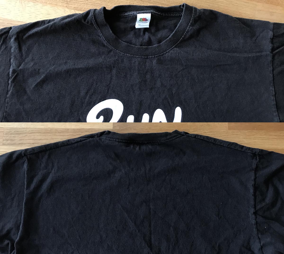 Comparison of neckline on the front and back of the T-shirt, showing front neck as lower than rear