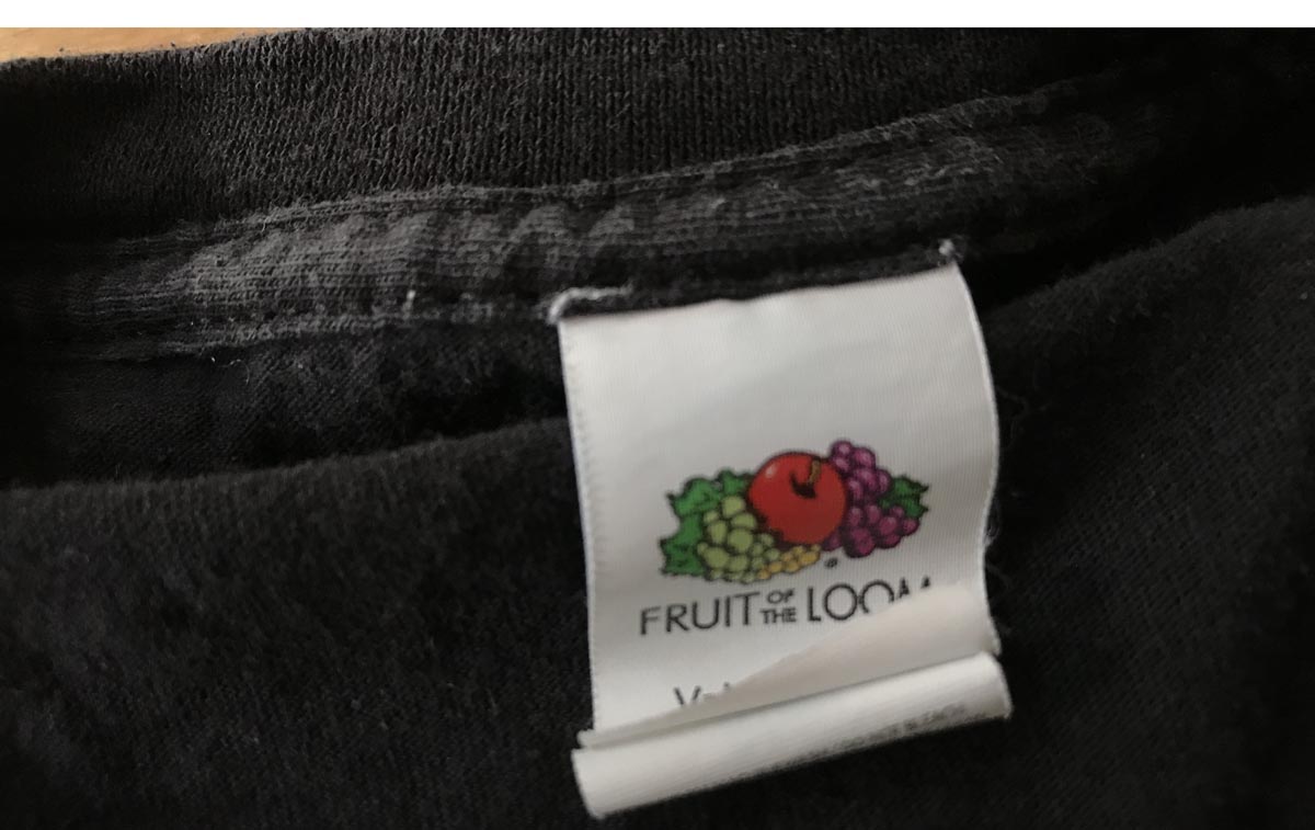 T-shirt label showing the logo of the well-known brand 'Fruit of The Loom'