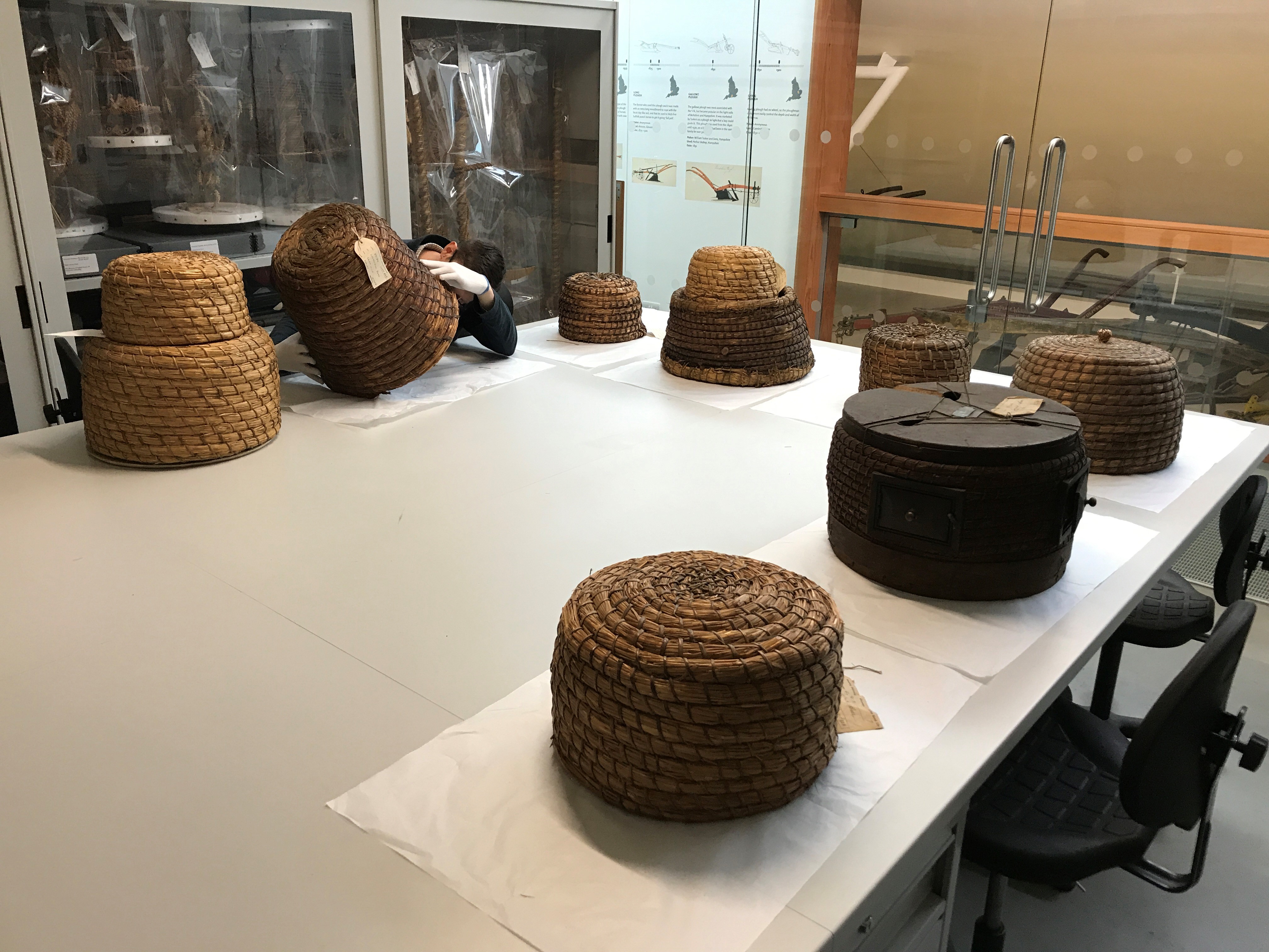 A table covered in skeps and poet Jack Thacker leans over and looks inside one of the skeps