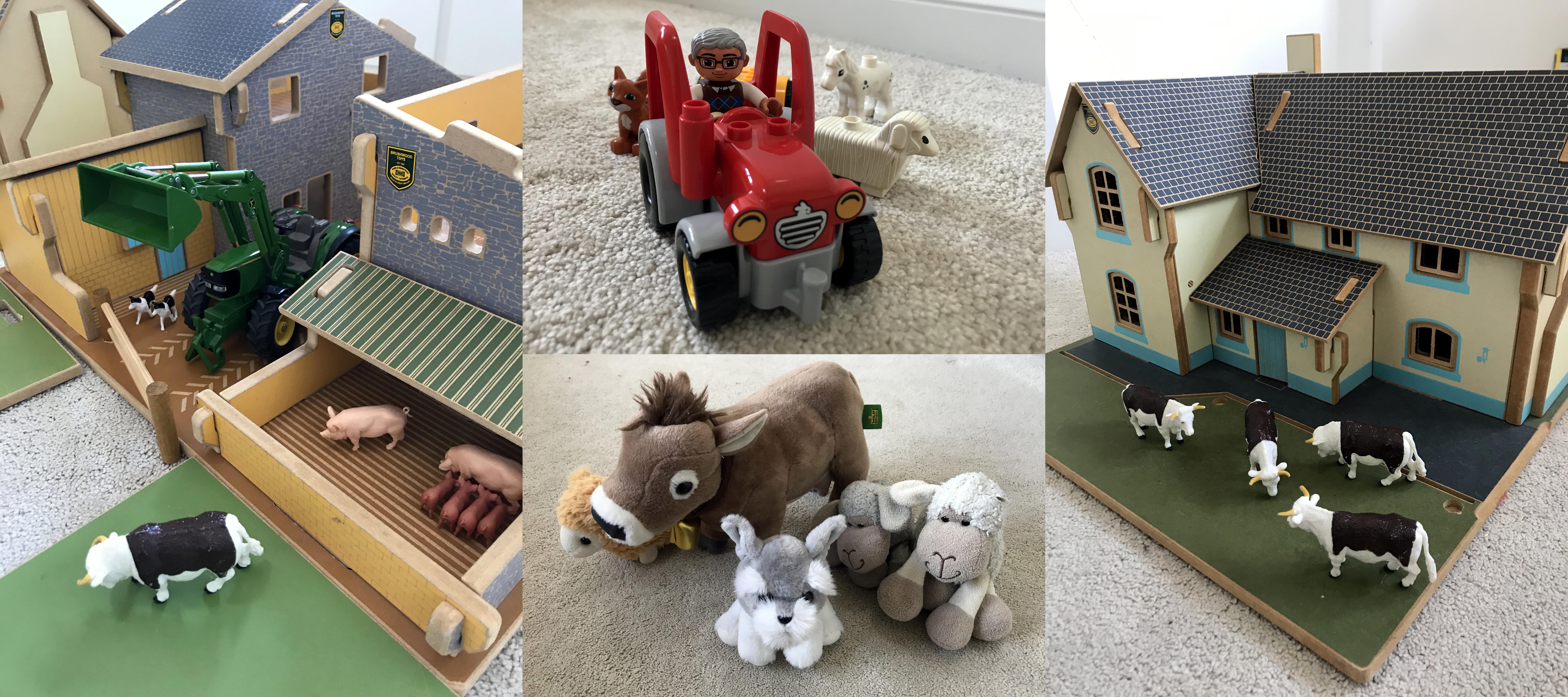four different images in one (clockwise from left): a farm playset with buildings, tractor, and farm animals, a Lego Duplo tractor and animal figures, a toy farmhouse with animal figures, and a selection of farm animal cuddlies.