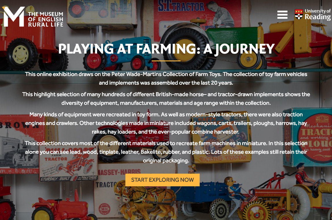 First page of the Playing at Farming: A Journey online exhibition at the MERL with descriptive text over a picture of a the farm toy display