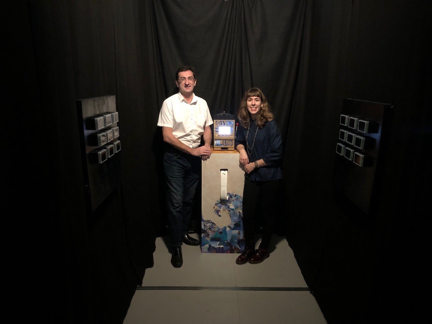 Stuart Mitchell and Louise Arnal in the “Gambling with floods?” exhibition space at The MERL