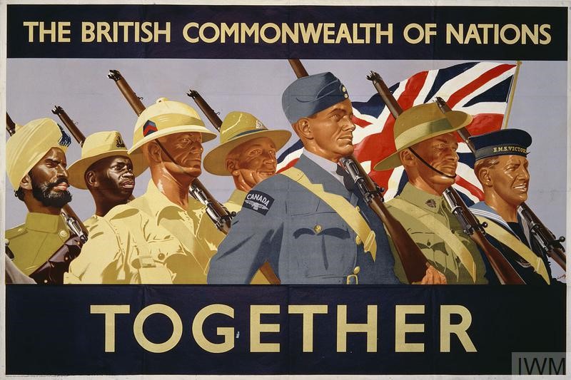 Second World War poster showing the Commonwealth Armed Forces marching before a Union Jack, including (left to right) soldiers from India, East Africa, South Africa, New Zealand, a Canadian airman, an Australian soldier, and a Royal Navy sailor